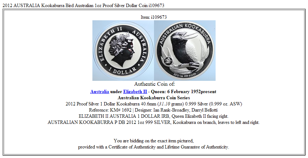 2012 AUSTRALIA Kookaburra Bird Australian 1oz Proof Silver Dollar Coin i109673