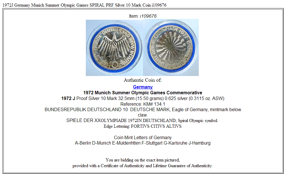 1972J Germany Munich Summer Olympic Games SPIRAL PRF Silver 10 Mark Coin i109676