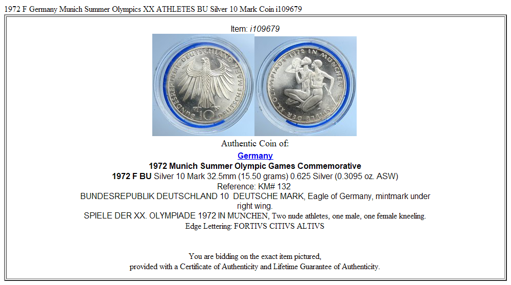 1972 F Germany Munich Summer Olympics XX ATHLETES BU Silver 10 Mark Coin i109679