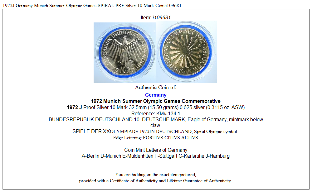 1972J Germany Munich Summer Olympic Games SPIRAL PRF Silver 10 Mark Coin i109681