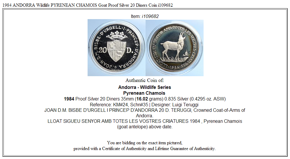 1984 ANDORRA Wildlife PYRENEAN CHAMOIS Goat Proof Silver 20 Diners Coin i109682