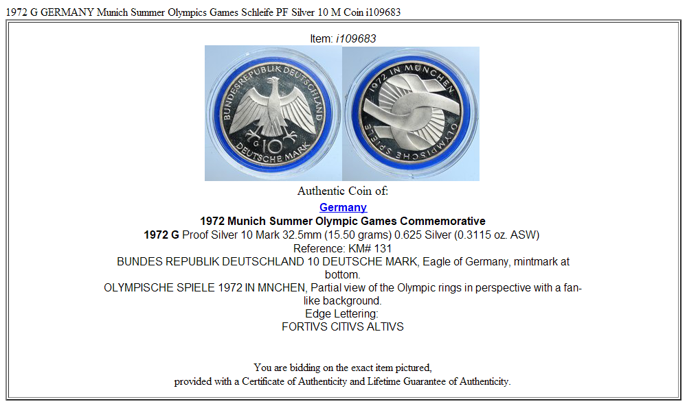 1972 G GERMANY Munich Summer Olympics Games Schleife PF Silver 10 M Coin i109683