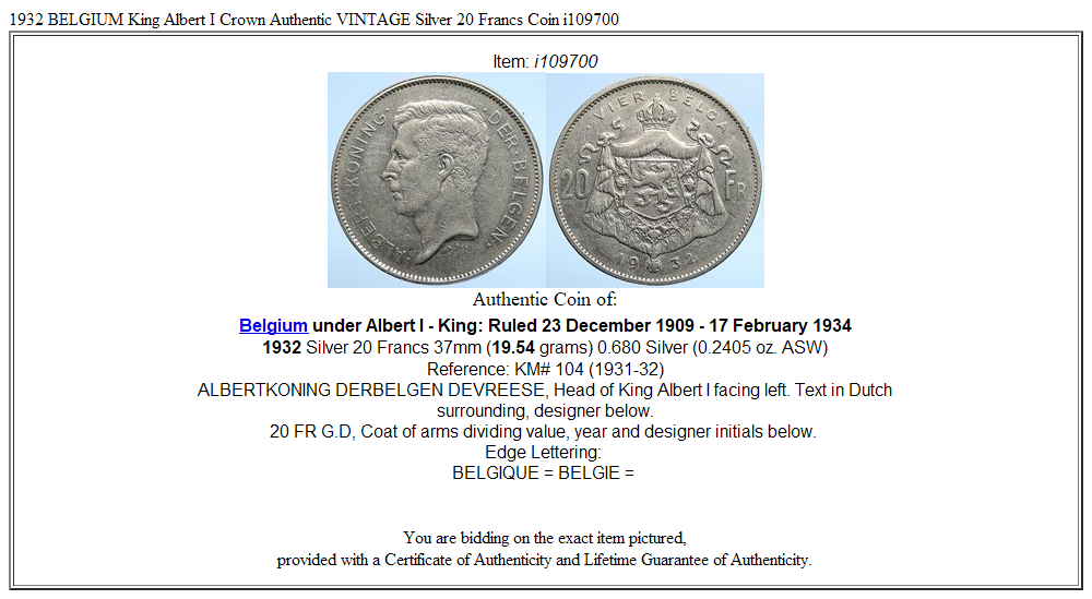 1932 BELGIUM King Albert I Crown Authentic VINTAGE Silver 20 Francs Coin i109700