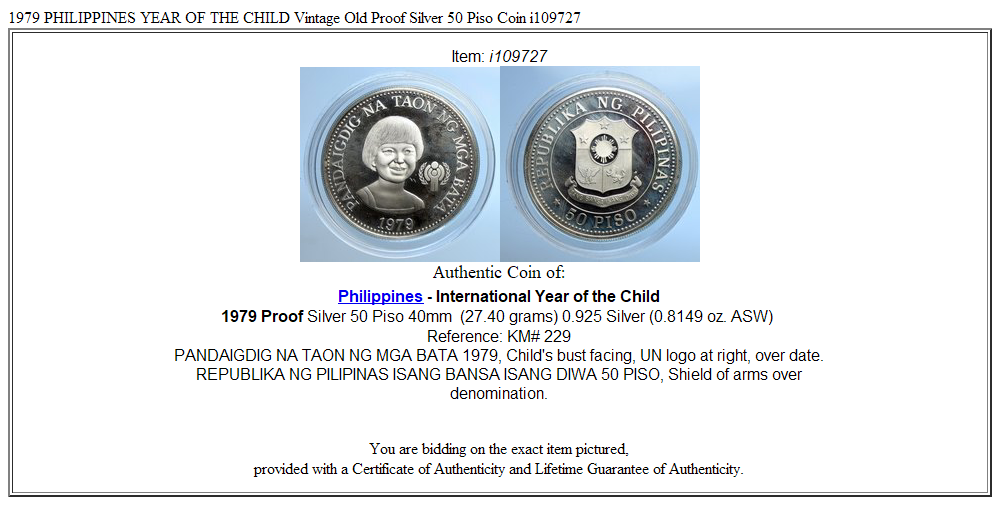 1979 PHILIPPINES YEAR OF THE CHILD Vintage Old Proof Silver 50 Piso Coin i109727