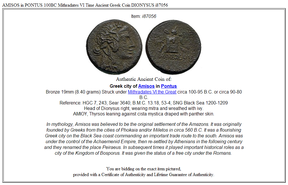 AMISOS in PONTUS 100BC Mithradates VI Time Ancient Greek Coin DIONYSUS i87056