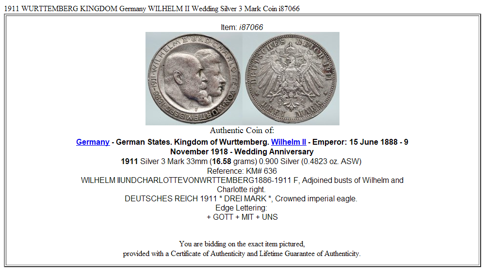 1911 WURTTEMBERG KINGDOM Germany WILHELM II Wedding Silver 3 Mark Coin i87066