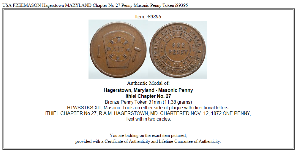 USA FREEMASON Hagerstown MARYLAND Chapter No 27 Penny Masonic Penny Token i89395