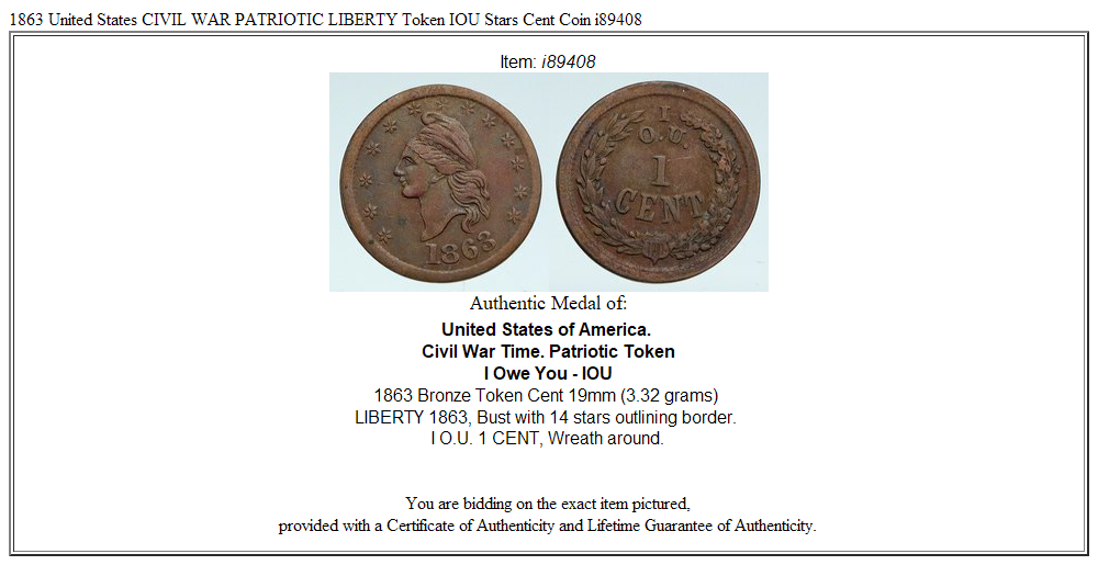 1863 United States CIVIL WAR PATRIOTIC LIBERTY Token IOU Stars Cent Coin i89408