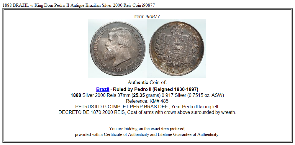 1888 BRAZIL w King Dom Pedro II Antique Brazilian Silver 2000 Reis Coin i90877