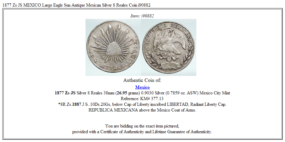 1877 Zs JS MEXICO Large Eagle Sun Antique Mexican Silver 8 Reales Coin i90882