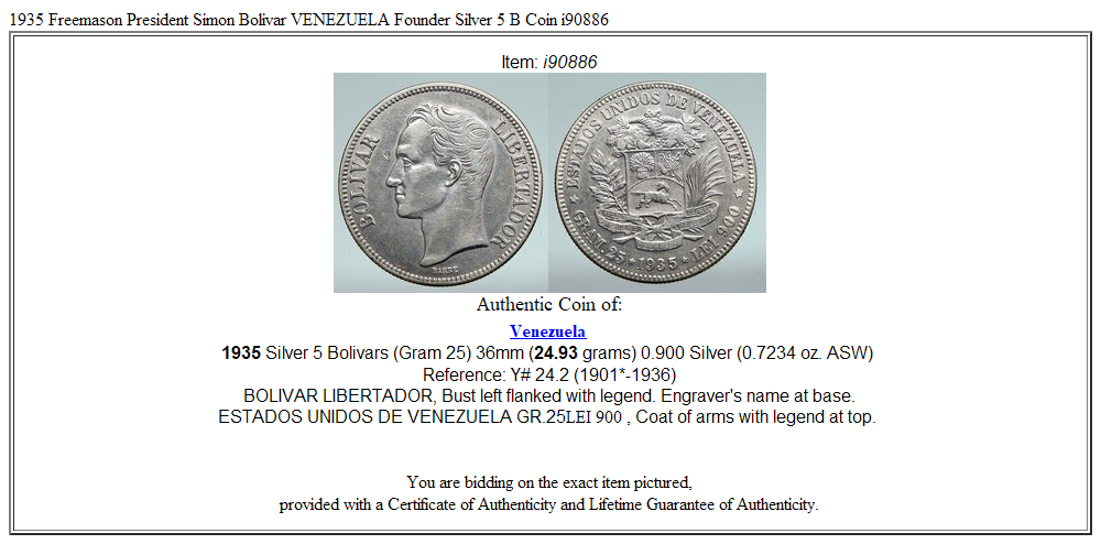 1935 Freemason President Simon Bolivar VENEZUELA Founder Silver 5 B Coin i90886