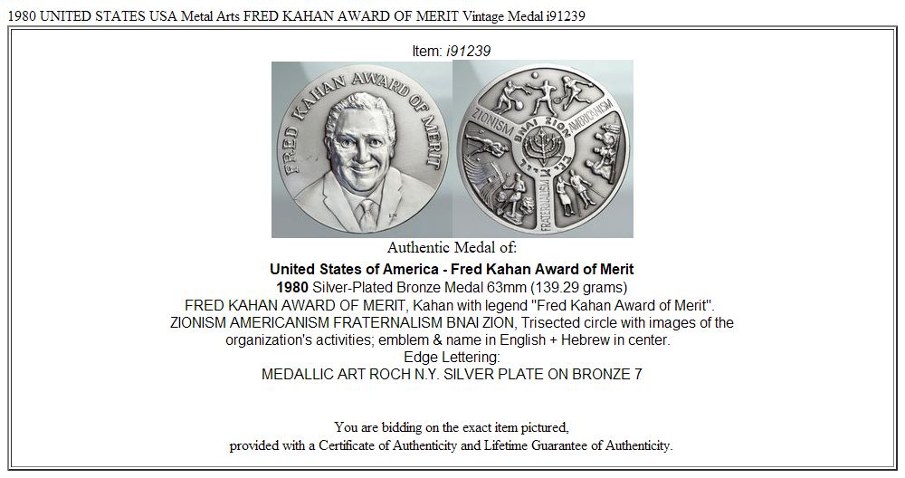 1980 UNITED STATES USA Metal Arts FRED KAHAN AWARD OF MERIT Vintage Medal i91239