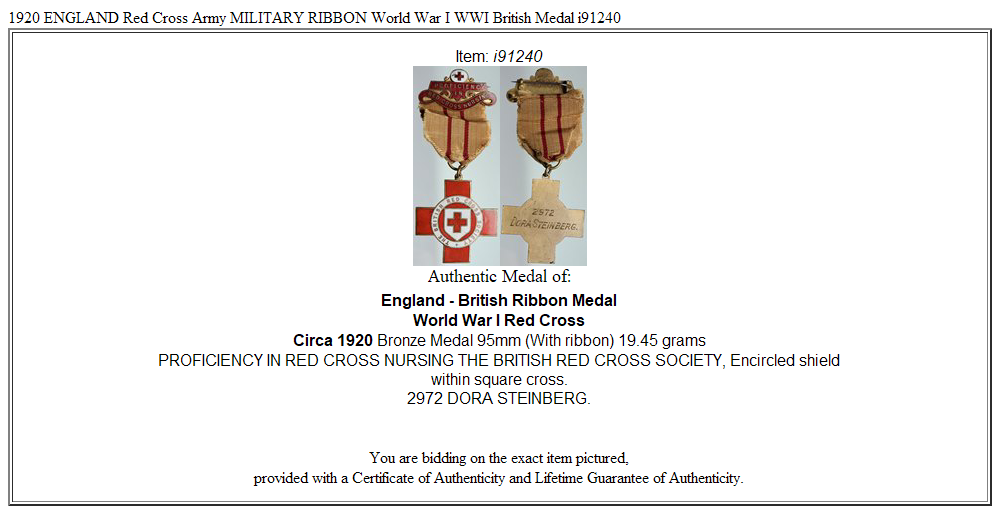 1920 ENGLAND Red Cross Army MILITARY RIBBON World War I WWI British Medal i91240