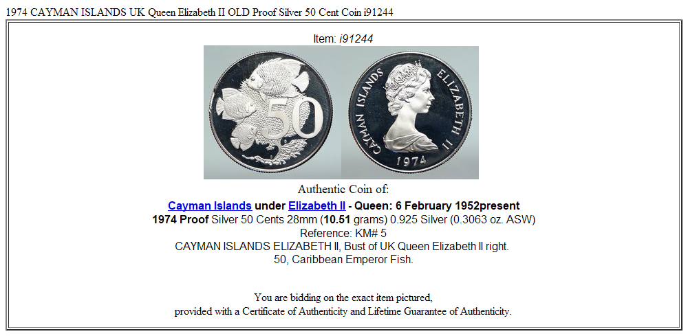 1974 CAYMAN ISLANDS UK Queen Elizabeth II OLD Proof Silver 50 Cent Coin i91244