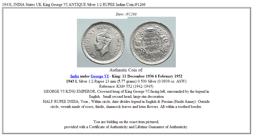 1943L INDIA States UK King George VI ANTIQUE Silver 1/2 RUPEE Indian Coin i91266