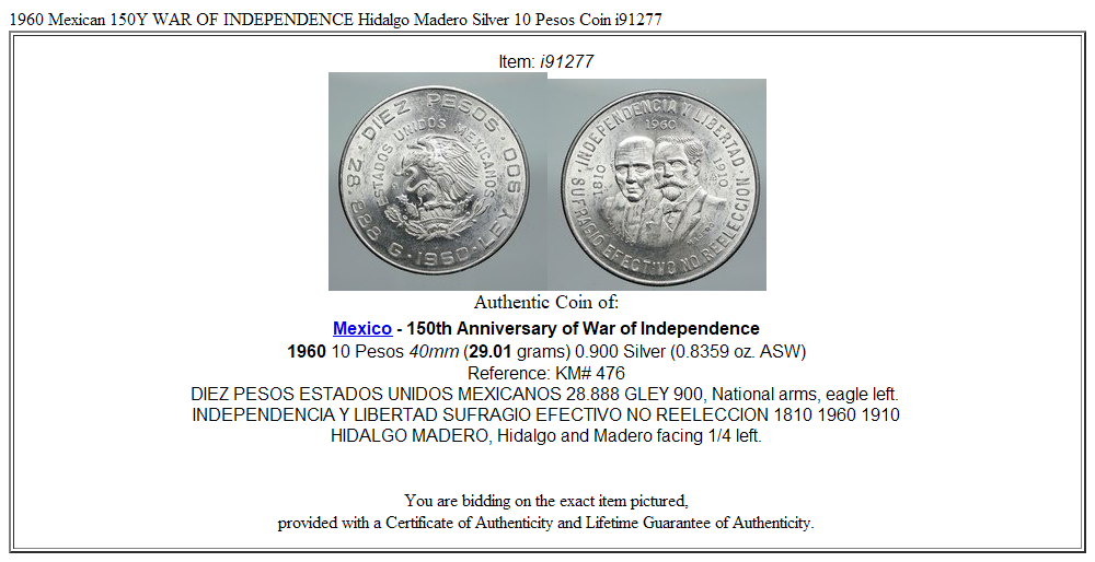 1960 Mexican 150Y WAR OF INDEPENDENCE Hidalgo Madero Silver 10 Pesos Coin i91277