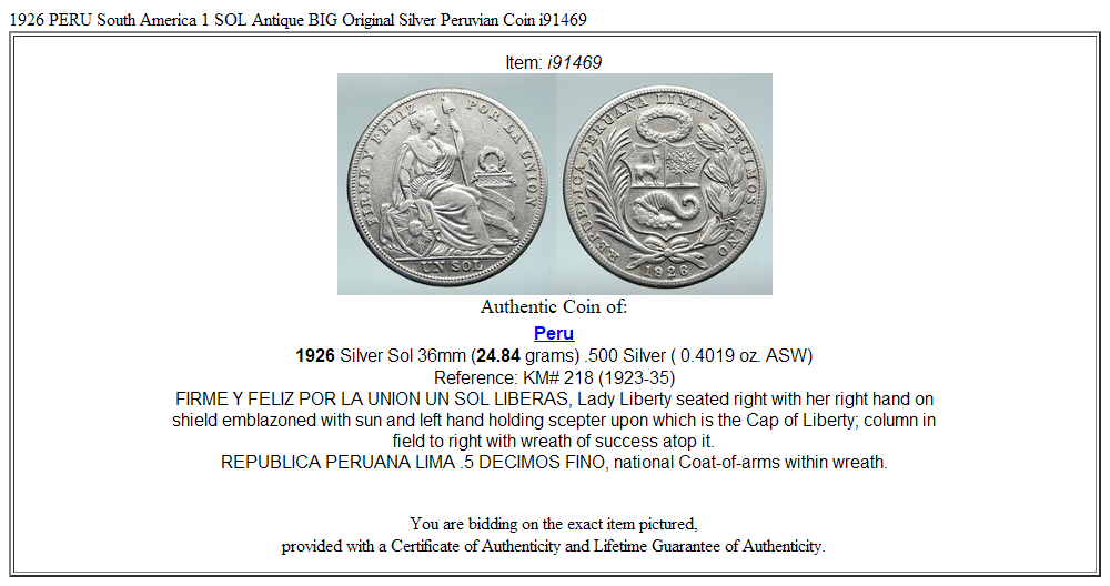 1926 PERU South America 1 SOL Antique BIG Original Silver Peruvian Coin i91469