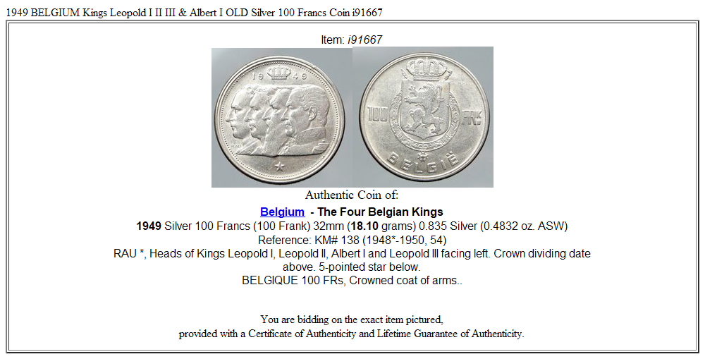 1949 BELGIUM Kings Leopold I II III & Albert I OLD Silver 100 Francs Coin i91667