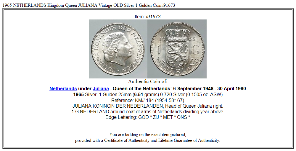 1965 NETHERLANDS Kingdom Queen JULIANA Vintage OLD Silver 1 Gulden Coin i91673