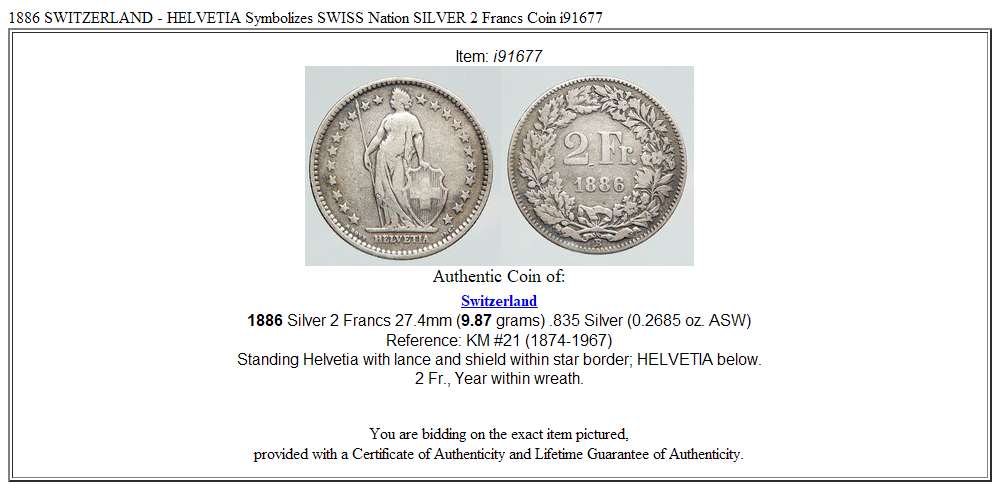 1886 SWITZERLAND - HELVETIA Symbolizes SWISS Nation SILVER 2 Francs Coin i91677