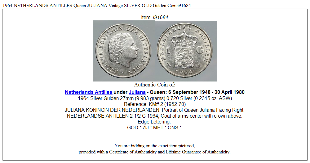 1964 NETHERLANDS ANTILLES Queen JULIANA Vintage SILVER OLD Gulden Coin i91684