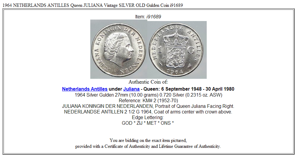 1964 NETHERLANDS ANTILLES Queen JULIANA Vintage SILVER OLD Gulden Coin i91689