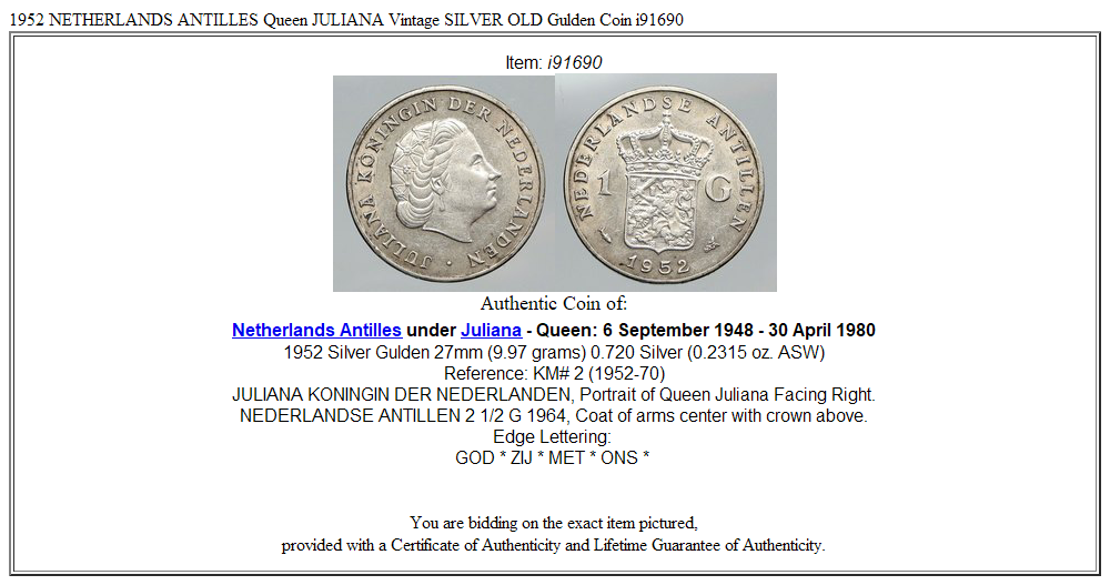 1952 NETHERLANDS ANTILLES Queen JULIANA Vintage SILVER OLD Gulden Coin i91690