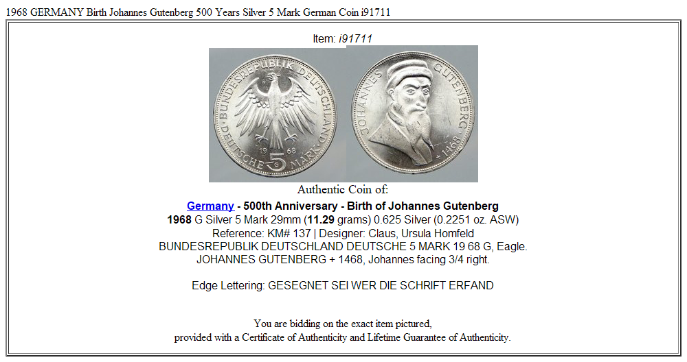 1968 GERMANY Birth Johannes Gutenberg 500 Years Silver 5 Mark German Coin i91711