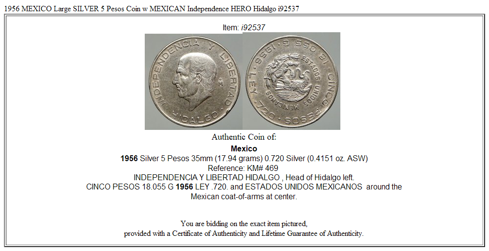 1956 MEXICO Large SILVER 5 Pesos Coin w MEXICAN Independence HERO Hidalgo i92537