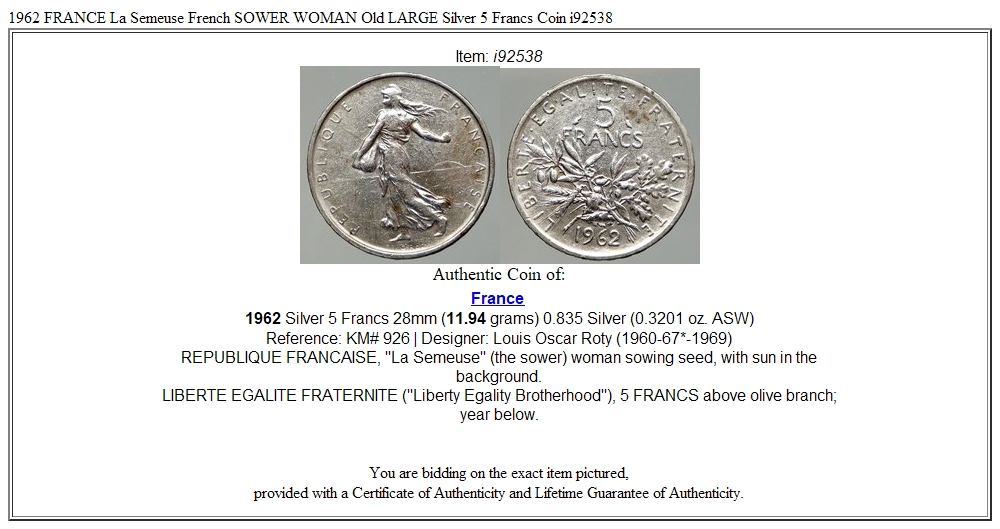 1962 FRANCE La Semeuse French SOWER WOMAN Old LARGE Silver 5 Francs Coin i92538