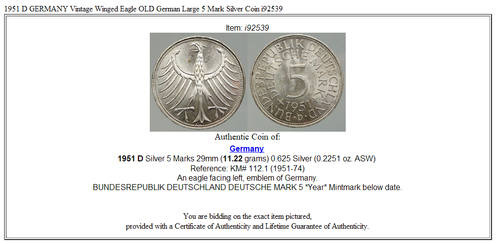 1951 D GERMANY Vintage Winged Eagle OLD German Large 5 Mark Silver Coin i92539