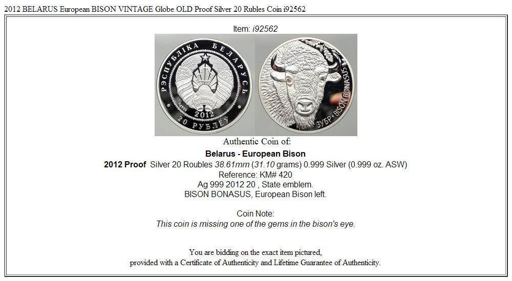 2012 BELARUS European BISON VINTAGE Globe OLD Proof Silver 20 Rubles Coin i92562