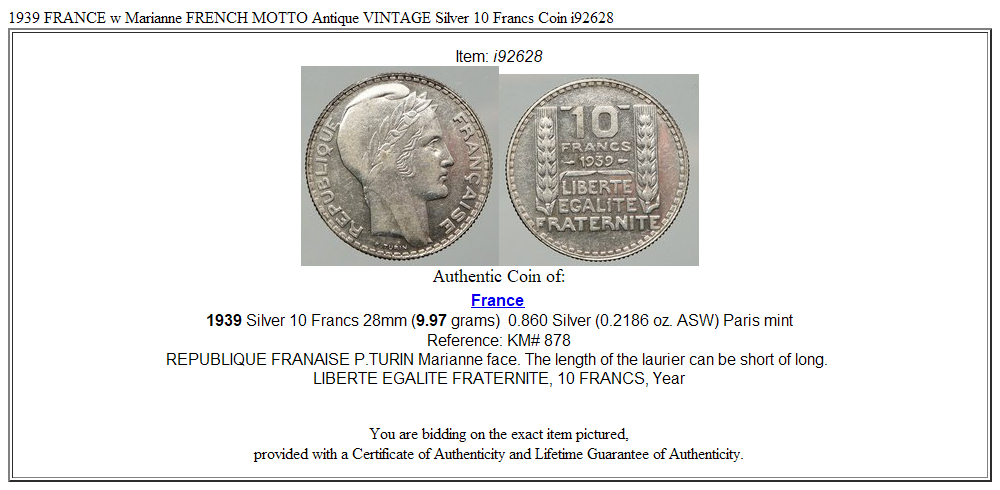 1939 FRANCE w Marianne FRENCH MOTTO Antique VINTAGE Silver 10 Francs Coin i92628