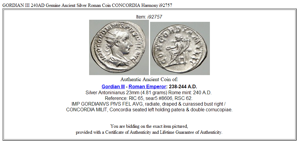 GORDIAN III 240AD Genuine Ancient Silver Roman Coin CONCORDIA Harmony i92757