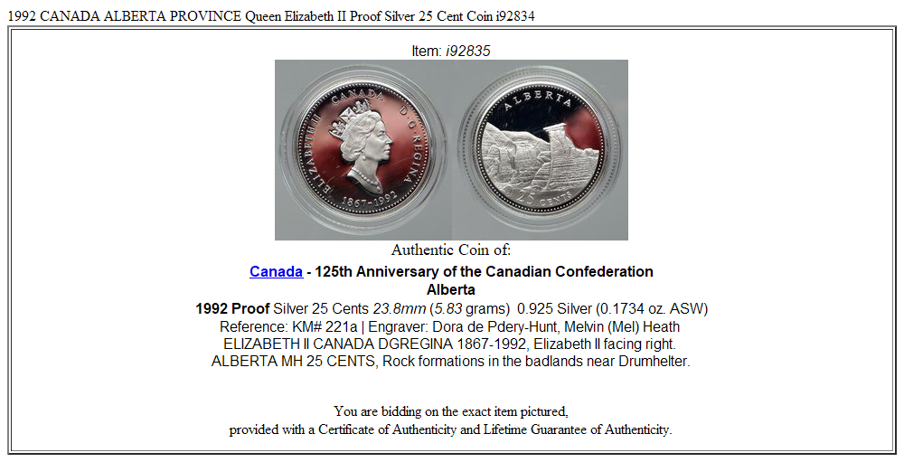 1992 CANADA ALBERTA PROVINCE Queen Elizabeth II Proof Silver 25 Cent Coin i92834