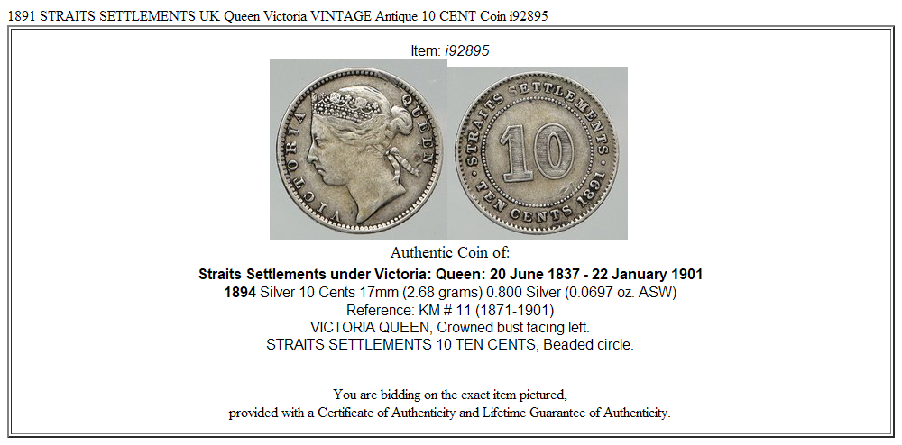 1891 STRAITS SETTLEMENTS UK Queen Victoria VINTAGE Antique 10 CENT Coin i92895