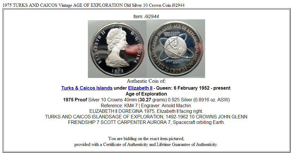 1975 TURKS AND CAICOS Vintage AGE OF EXPLORATION Old Silver 10 Crown Coin i92944