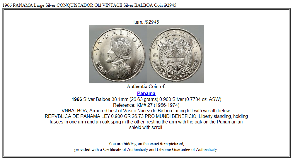 1966 PANAMA Large Silver CONQUISTADOR Old VINTAGE Silver BALBOA Coin i92945