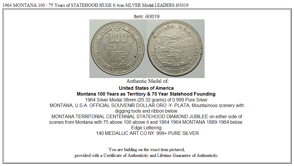 1964 MONTANA 100 / 75 Years of STATEHOOD HUGE 6.4cm SILVER Medal LEADERS i93019