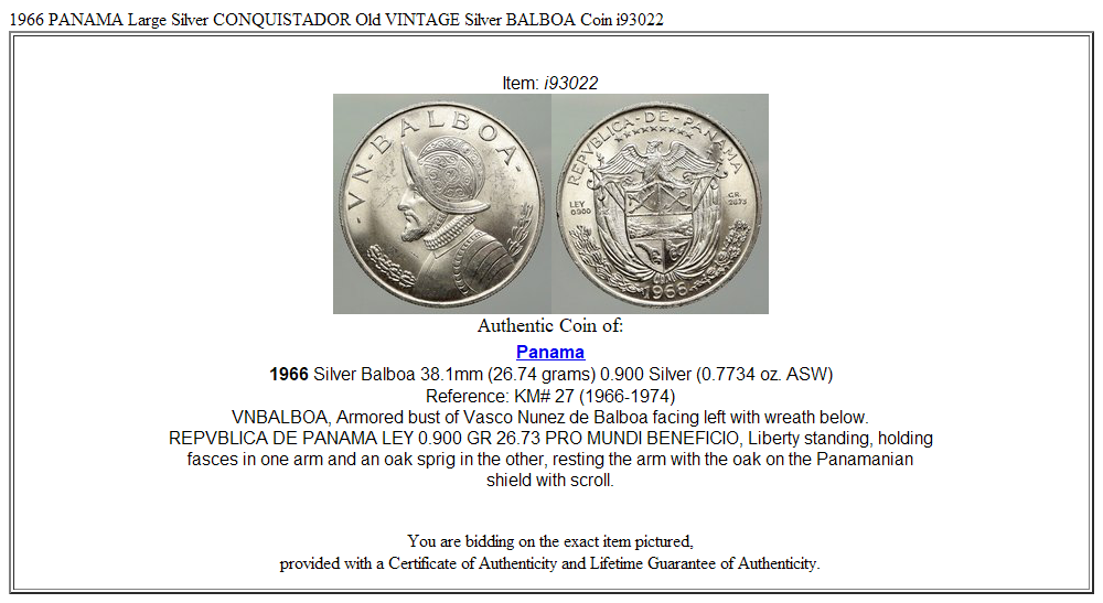 1966 PANAMA Large Silver CONQUISTADOR Old VINTAGE Silver BALBOA Coin i93022