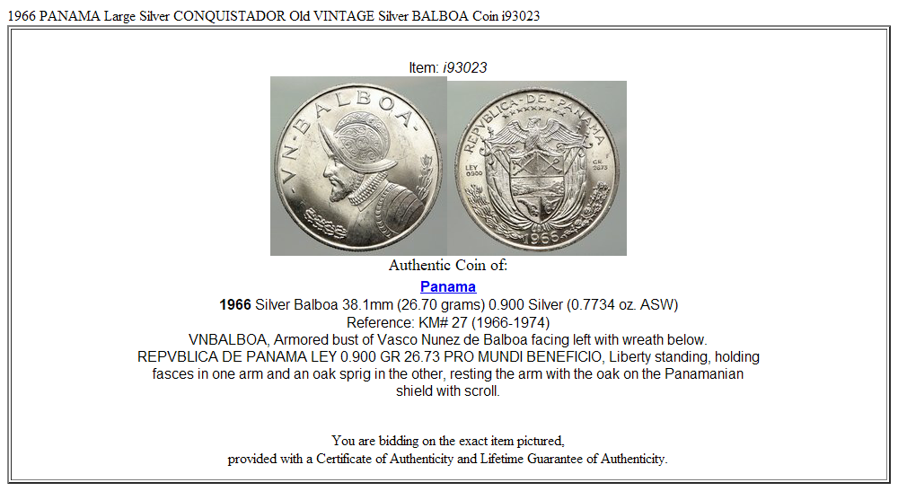 1966 PANAMA Large Silver CONQUISTADOR Old VINTAGE Silver BALBOA Coin i93023