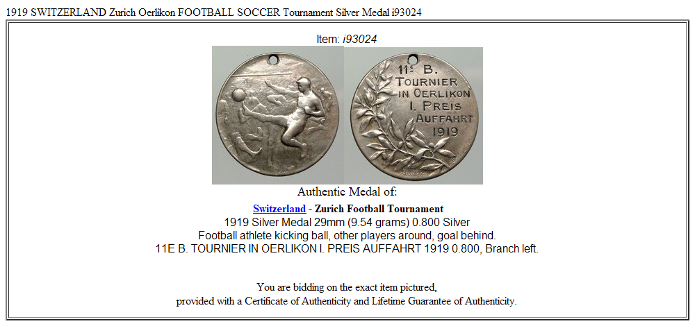 1919 SWITZERLAND Zurich Oerlikon FOOTBALL SOCCER Tournament Silver Medal i93024