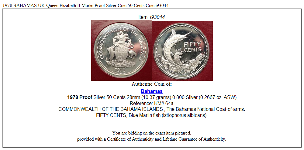 1978 BAHAMAS UK Queen Elizabeth II Marlin Proof Silver Coin 50 Cents Coin i93044