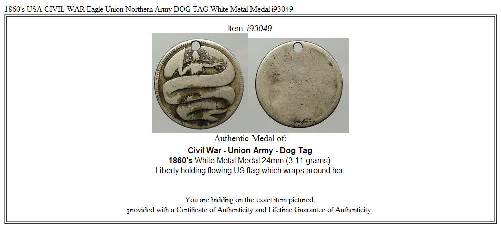 1860's USA CIVIL WAR Eagle Union Northern Army DOG TAG White Metal Medal i93049