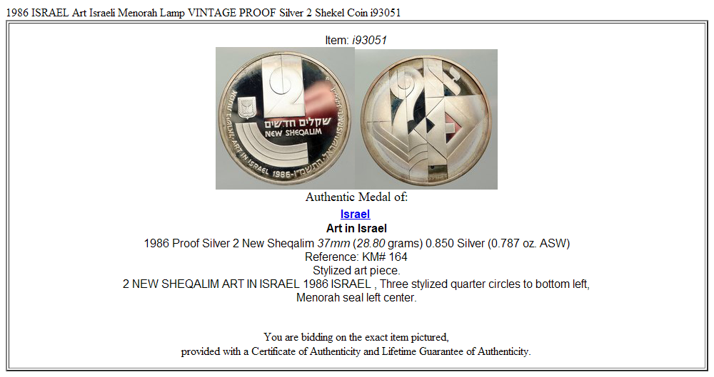 1986 ISRAEL Art Israeli Menorah Lamp VINTAGE PROOF Silver 2 Shekel Coin i93051