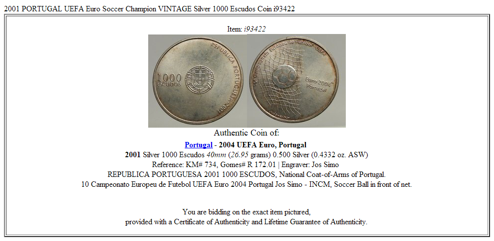 2001 PORTUGAL UEFA Euro Soccer Champion VINTAGE Silver 1000 Escudos Coin i93422