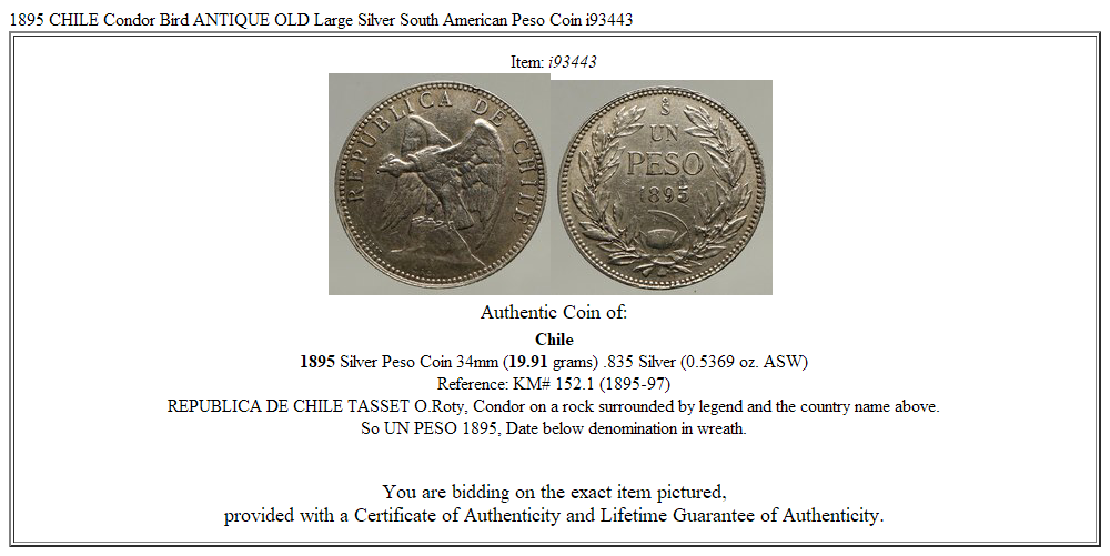 1895 CHILE Condor Bird ANTIQUE OLD Large Silver South American Peso Coin i93443