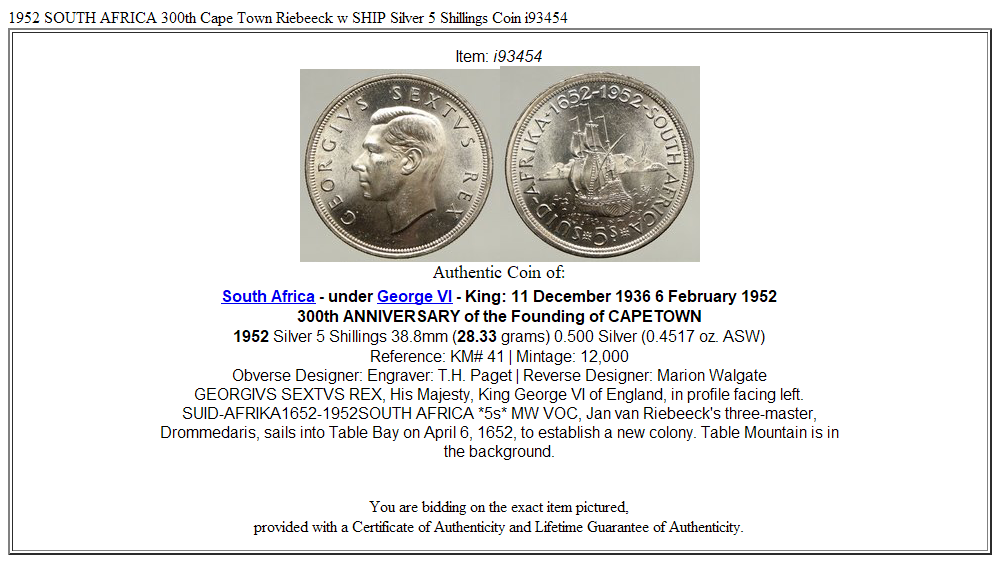 1952 SOUTH AFRICA 300th Cape Town Riebeeck w SHIP Silver 5 Shillings Coin i93454