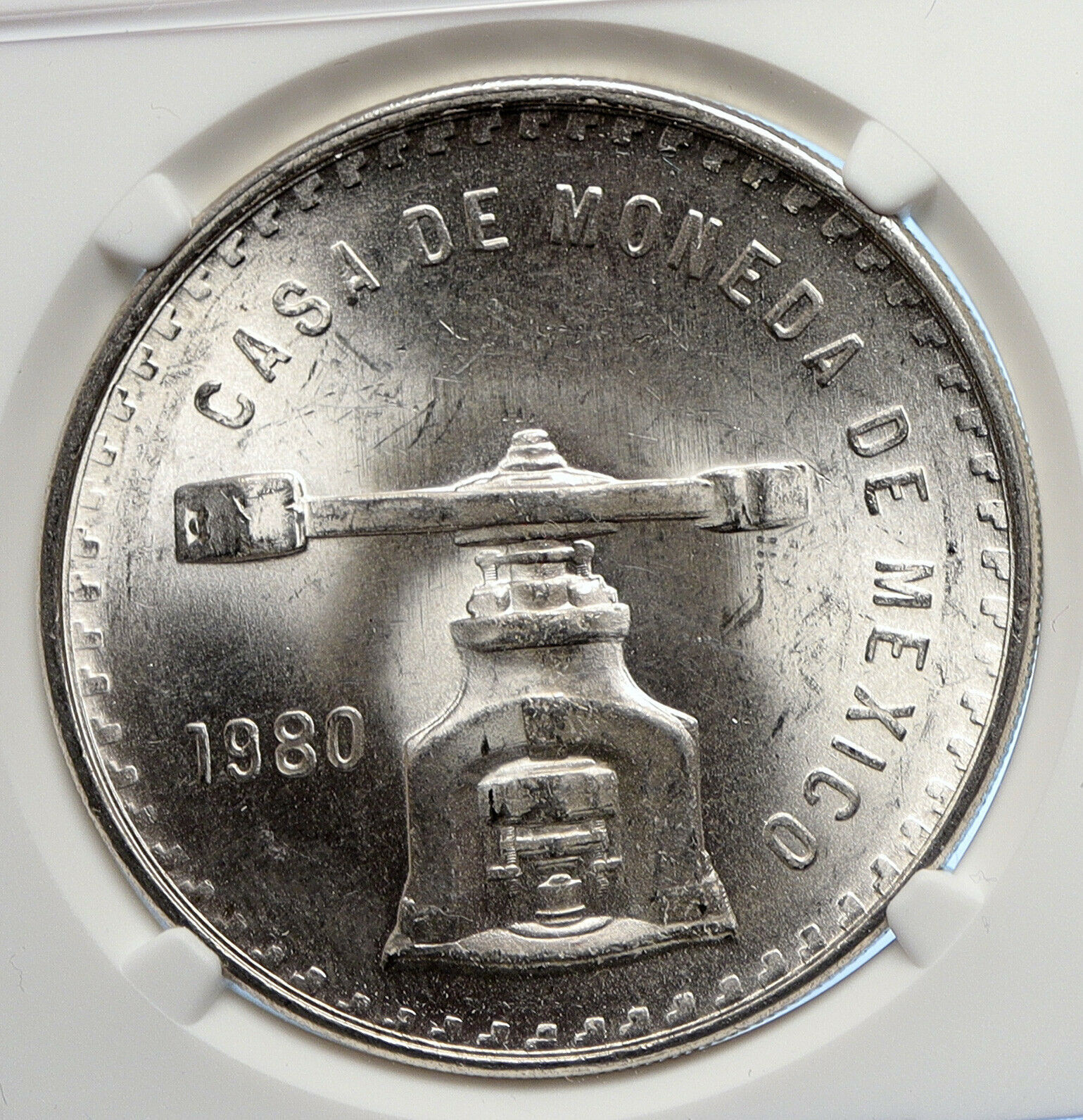 1980 MEXICO Huge Medallic SILVER Onza Mexican OLD COIN PRESS Scales NGC i106595