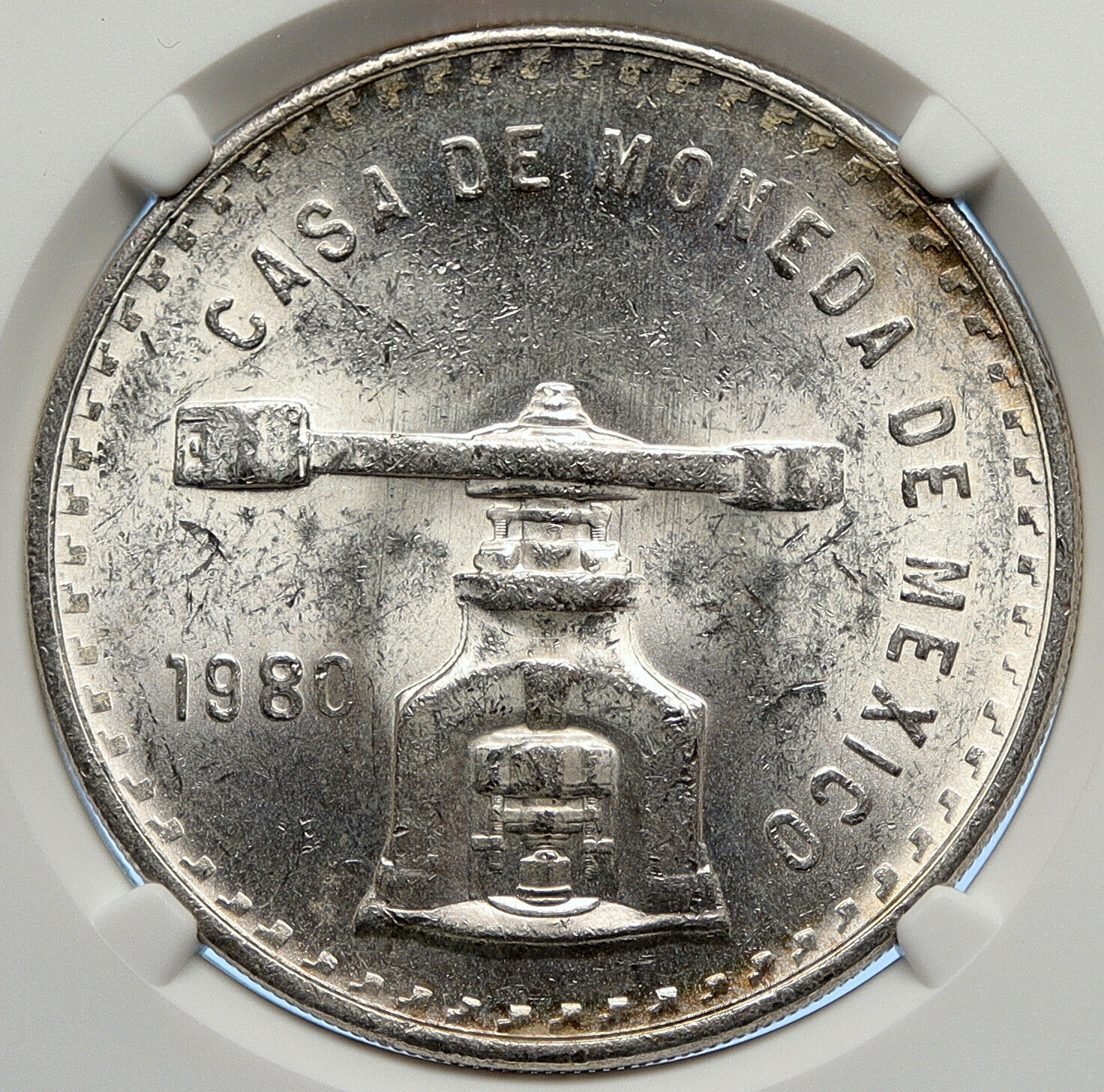 1980 MEXICO Huge Medallic SILVER Onza Mexican OLD COIN PRESS Scales NGC i106599